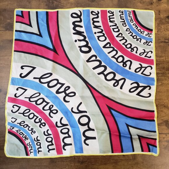 I Love You/Je Vous Aime Vintage French Silk Scarf Pink Blue White Yellow - Picture 4 of 9